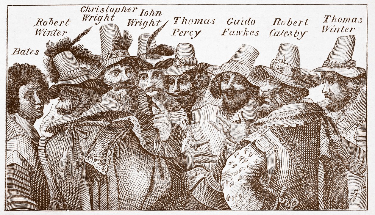 The Gunpowder Plot Conspirators, po rytině z roku 1606 (rytina) od (after) English School