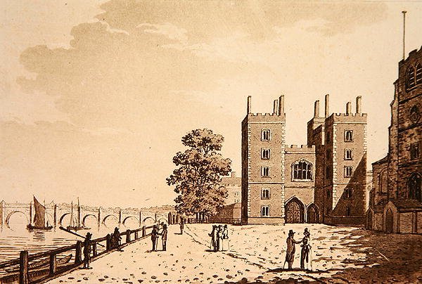 Pohled na palác Lambeth, cca 1800 (akvatinta) od (after) English School
