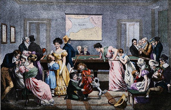 Kulečníková místnost v devatenáctém století, vyrytá Marketem (barva lito) od (after) French School