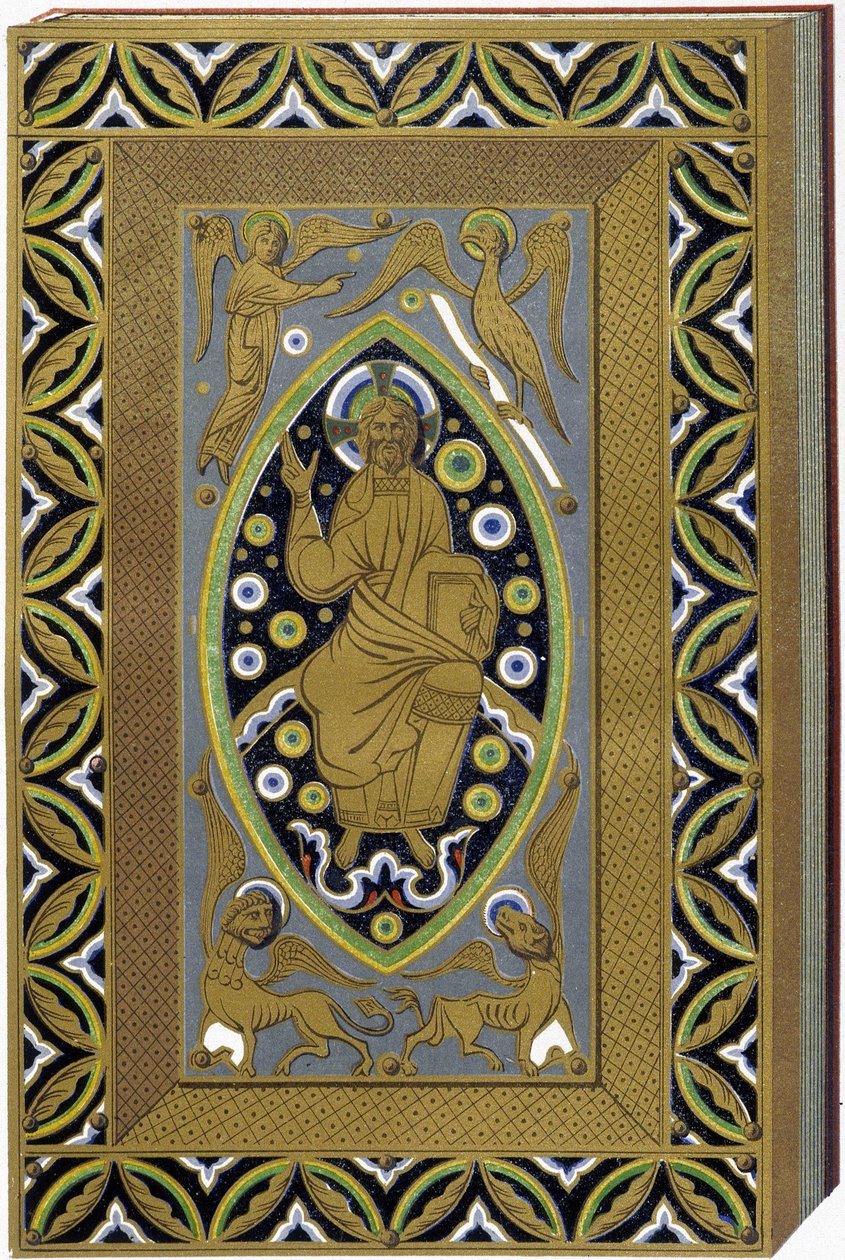 Kristus v Mandorle se symboly 4 evangelistů (Tetramorf). Litografie reprodukující emailovou vazbu ze 13. století. od (after) French School