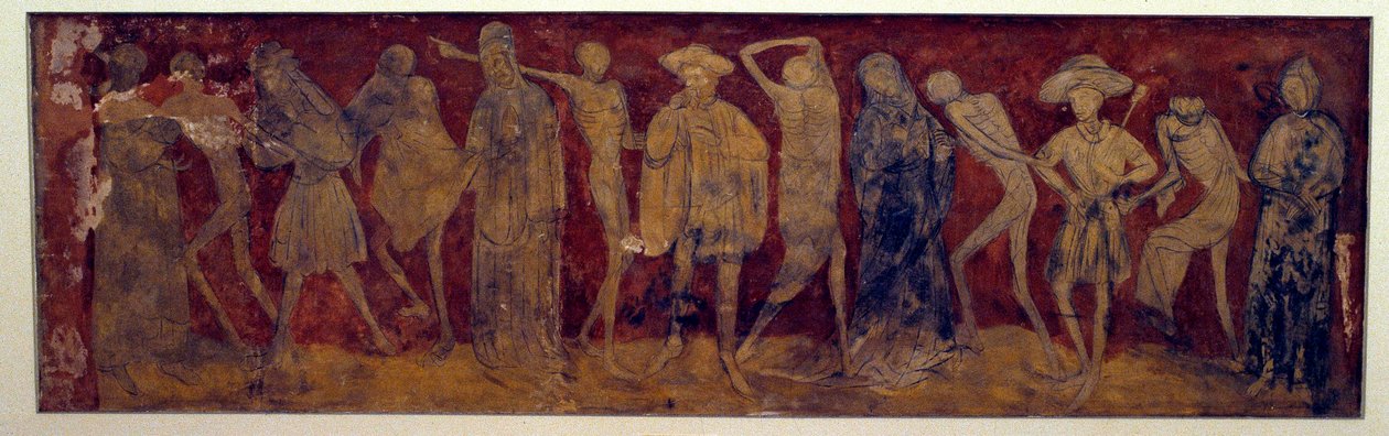 Freskové vydání „La Danse macabre““ ze starověkého opatství La Chaise-Dieu (Chaise Dieu) od Louise Ypermana (kolem roku 1856?) 1894. Paříž, Museum of Monuments english od (after) French School