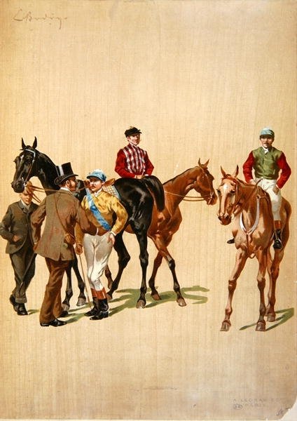 Žokejové na dostihovém závodišti, cca 1875 (barevné lito) od (after) French School