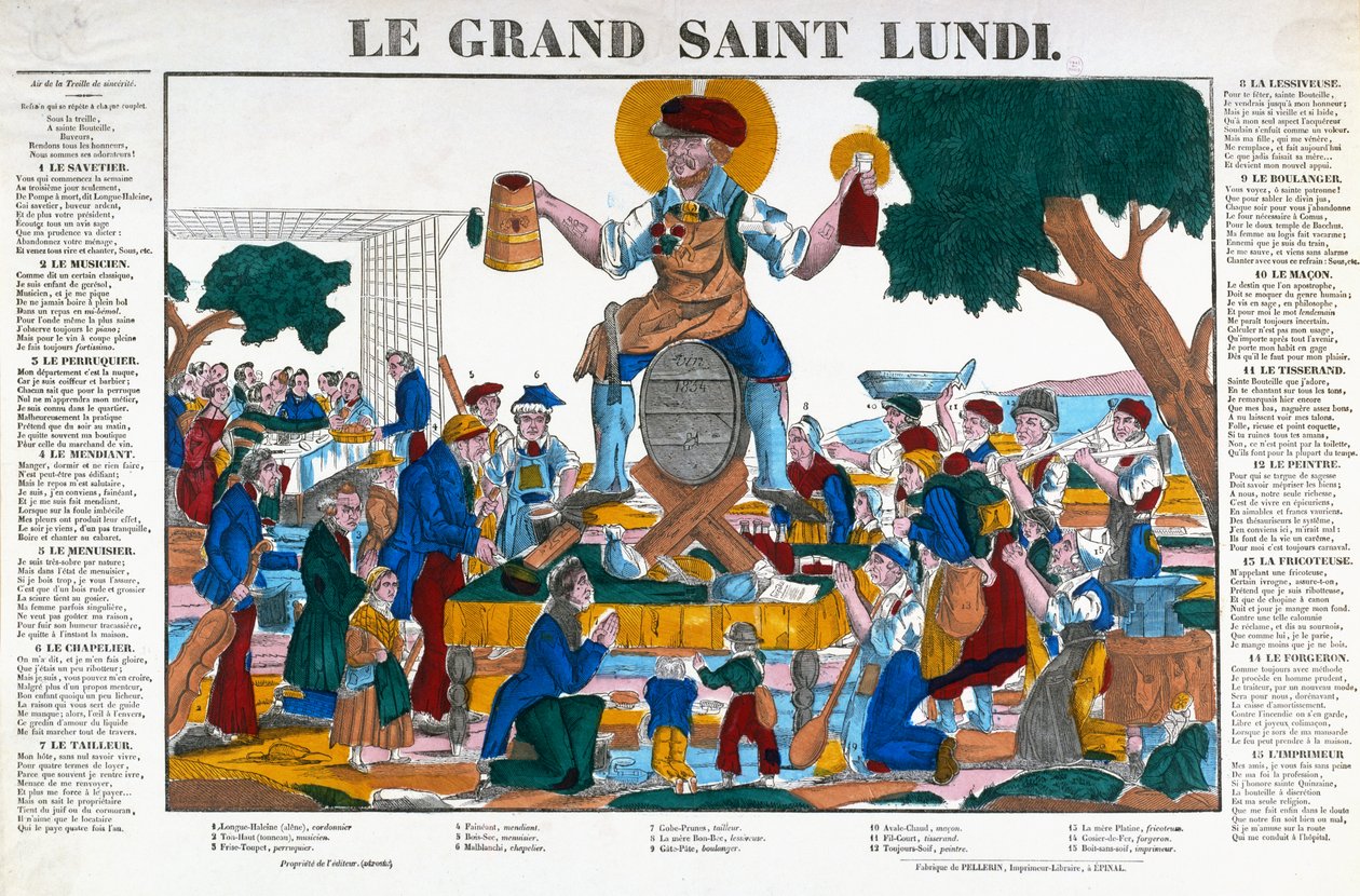 Le Grand Saint Lundi, Svaté pondělí, karikatura o dělnících a obchodníkech, kteří věnují pondělí alkoholu místo své práce, polovina 19. století (barevné lito) od (after) French School