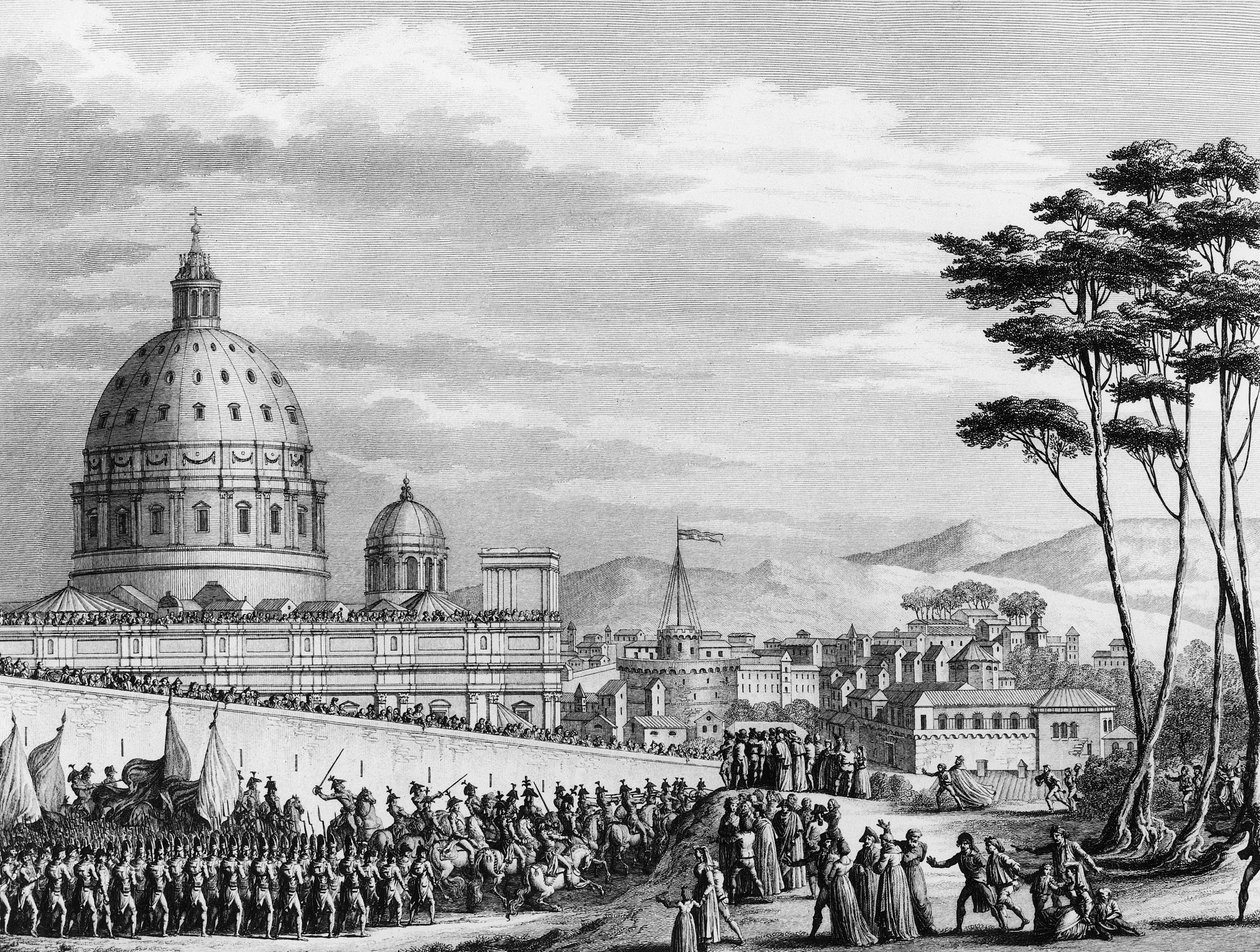 Francouzská revoluce: Triumfální vstup Francouzů do Říma v Itálii v únoru 1798 vedený generálem Louisem Alexandrem (Louis-Alexandre) Berthierem, který napadl papežské státy a 11. února se zmocnil města Řím od (after) Girardet