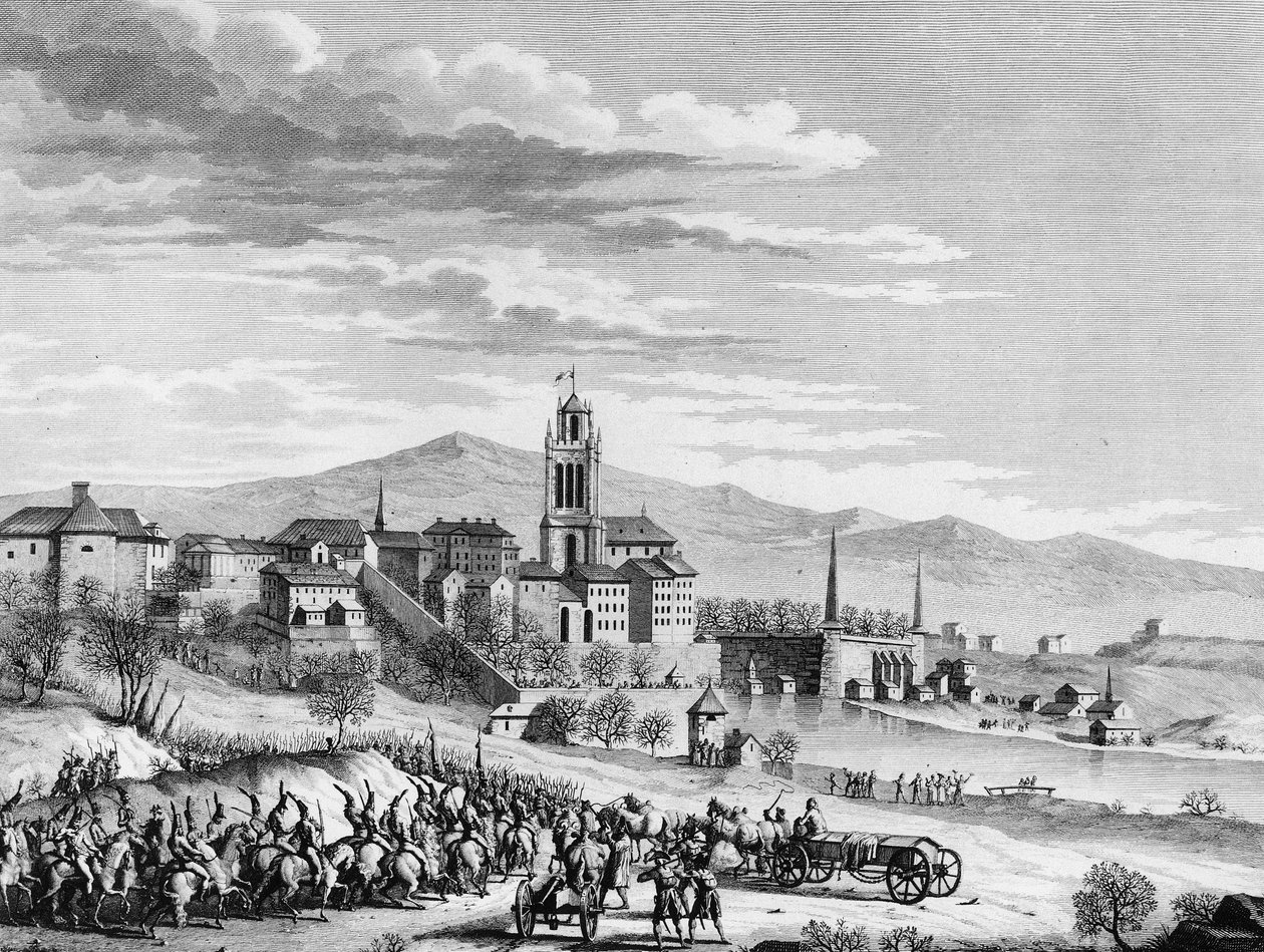 Válka francouzské revoluce: Triumfální vjezd Francouzů do Bernu (Švýcarsko) v březnu 1798. Rytina Berthaut po Girardetovi. Paříž, knihovna Ústavu dějin revoluce od (after) Girardet