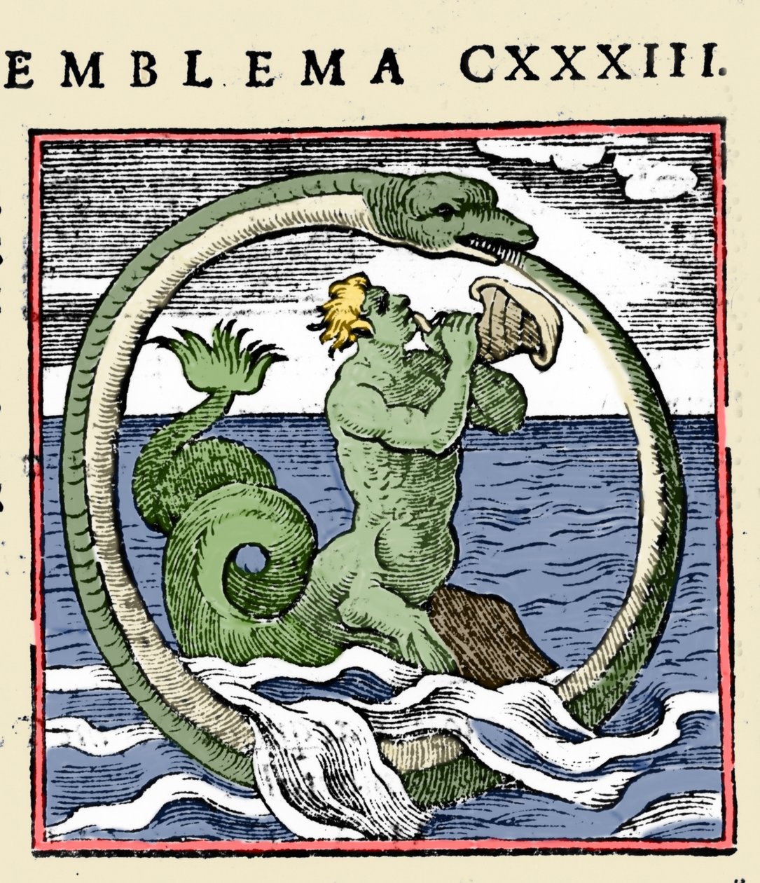 Triton a ouroboros, ilustrace „Emblems“ (Embles of the booklet) od Andrea Alciati (barva litho) od (after) Italian School