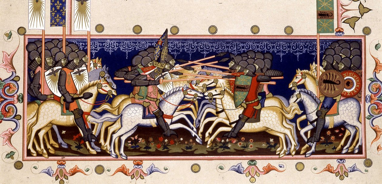 Bitevní scéna (Imagined Crusades) - ve „Statutech Řádu Ducha svatého Neapole“ (Řád Ducha svatého) podle miniatury z roku 1352 od (after) Italian School