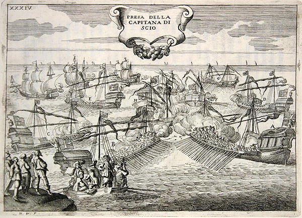 Galeony a Galeasses bojují: zajetí kapitána ostrova Chios, ilustrace z „Hodnoty Toskánska v nejvýznamnějších podnicích Cavalieri di Santo Stefano“ od Fulvia Fontany, vyryto H. Vincentem od (after) Italian School