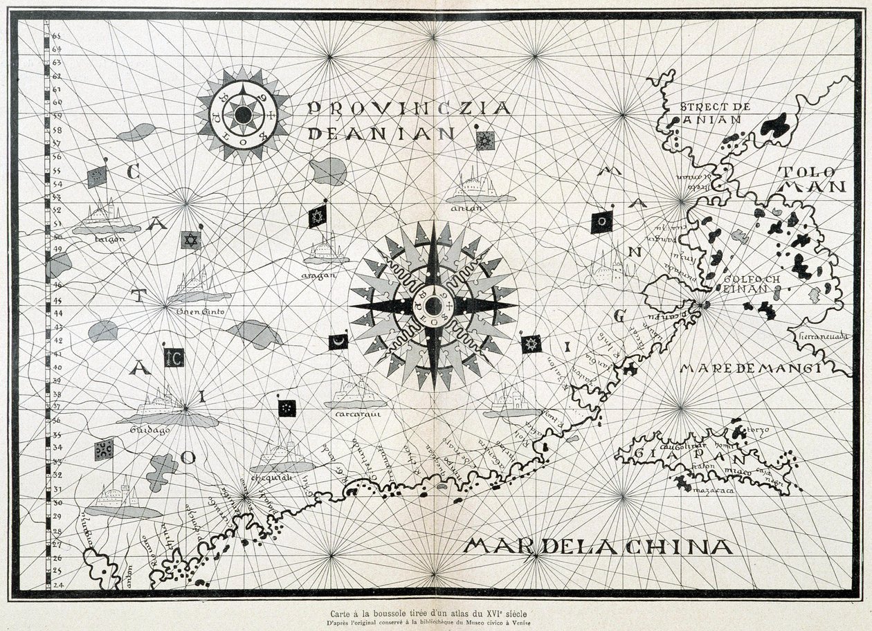 Mapa kompasu z atlasu ze 16. století podle originálu dochovaného v knihovně Museo Civico v Benátkách od (after) Italian School