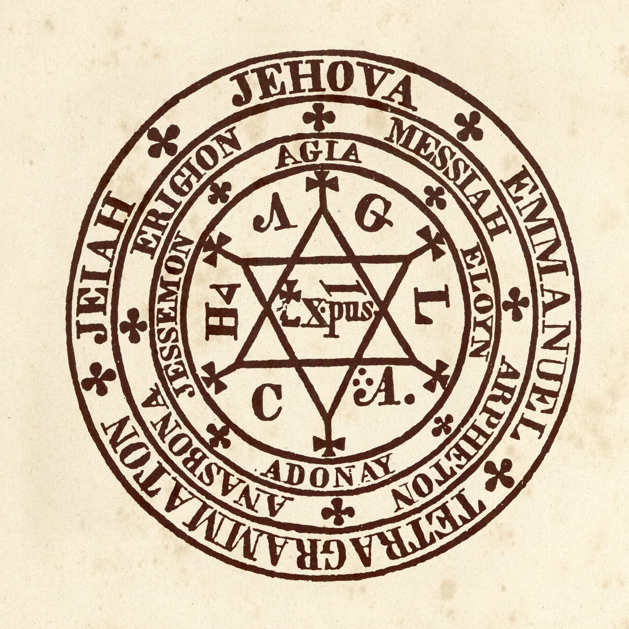 Okultní vědy: magický kruh. Schéma z „" De Occulta Philosophia "" od německého okultistického učence Henryho Cornelia Agrippy z Nettesheimu (1486-1535) (známého jako Cornelius Agrippa nebo Agrippa z Nettesheimu) od (after) Italian School