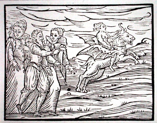 Čarodějnice obkročmo na ďábelské koze, kopie ilustrace z „Compendium Maleficarum“ od pana F. Guaccius, Milán 1608, použitá v „Dějinách magie“, vydané koncem 19. století (dřevořez) od (after) Italian School