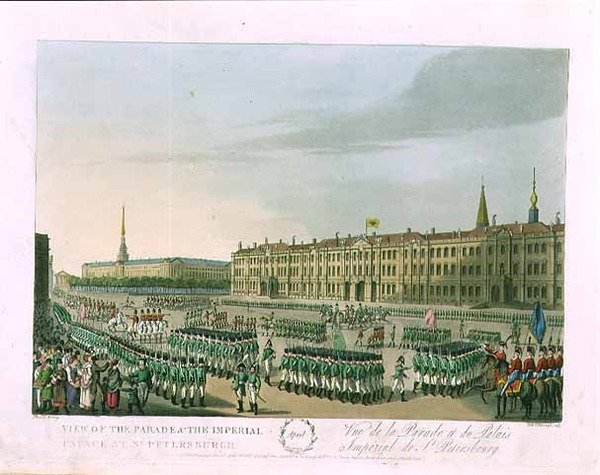 Pohled na průvod a Císařský palác v Petrohradě, ilustrace pro duben z 