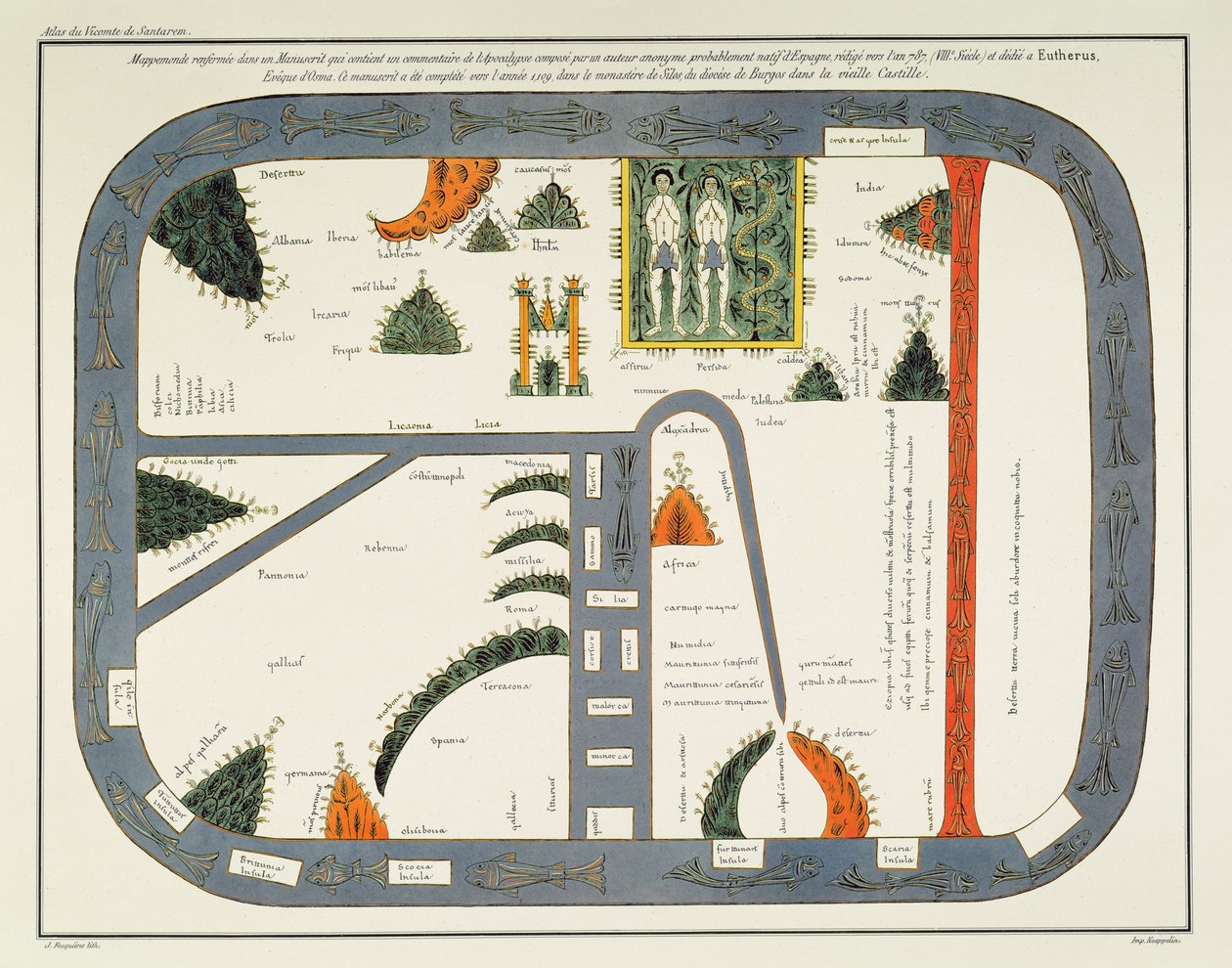 Mapa světa, z rukopisu Komentáře k Apokalypse, napsaného kolem roku 787 a zkopírovaného kolem roku 1109 v klášteře Silos, Burgos, Španělsko (litho) od (after) Spanish School