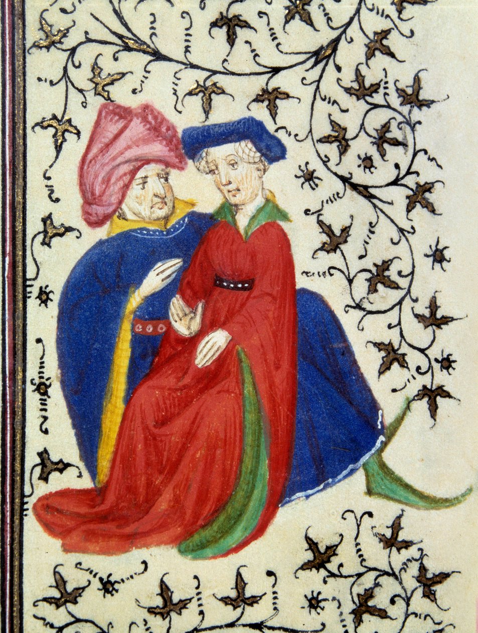 Galantní scéna. Detail stránky rukopisu „Les Tres Riches Hours duke Francois de Guise““ osvícený mistrem Boucicautu. 15. století. Musee Conde, Chantilly. od (and workshop) Boucicaut Master