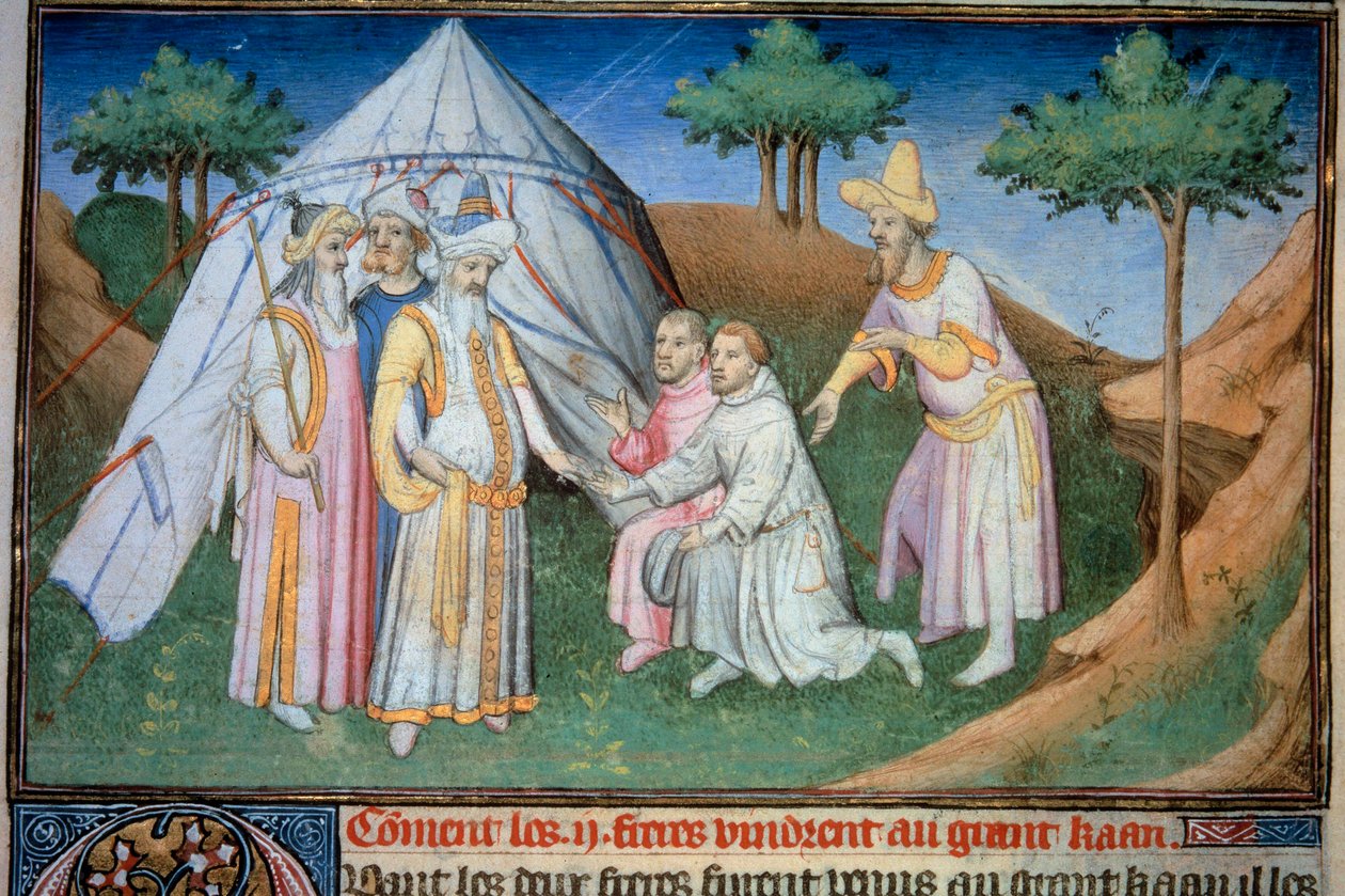 Bratři Nicolo a Matteo Polo, otec a strýc mladého Marca Pola (1254-1324) byli přijati na dvoře Velkého Qubilaje (Kubilajchán, první císař mongolské dynastie Yuan (1215-1294), mongolský císař v roce 1271). Miniatura převzata z „ od (and workshop) Boucicaut Master