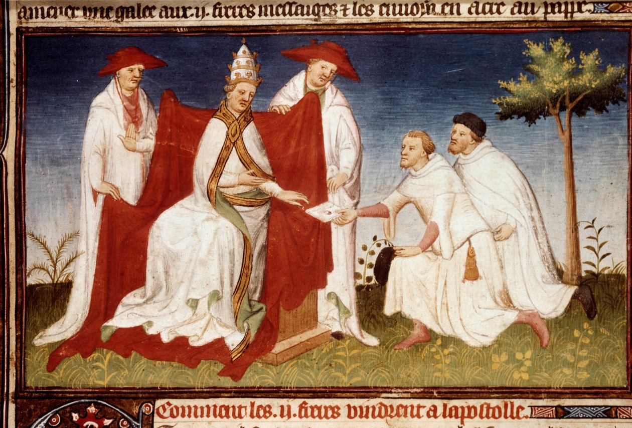 Bratři Nicolo a Matteo Polo, strýc a otec Marca Pola (1254-1324) předali papeži Gregoire X dopis od Qubilai (Kubilai Khan, první císař mongolské dynastie Yuan (1215-1294) Miniatura převzata z „“ The Book of Divy“““ („World Devise od (and workshop) Boucicaut Master