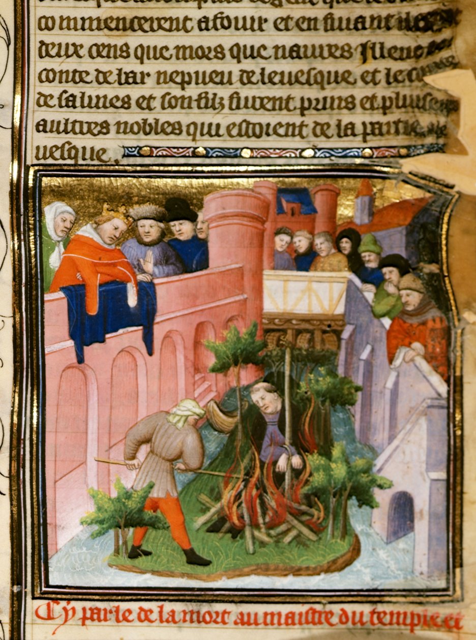 Cott Nero E II pt.2 fol.105 Upálení mistra templářů, z „Les Grandes Chroniques de France“, kolem 1415 (vellum) od (and workshop) Boucicaut Master