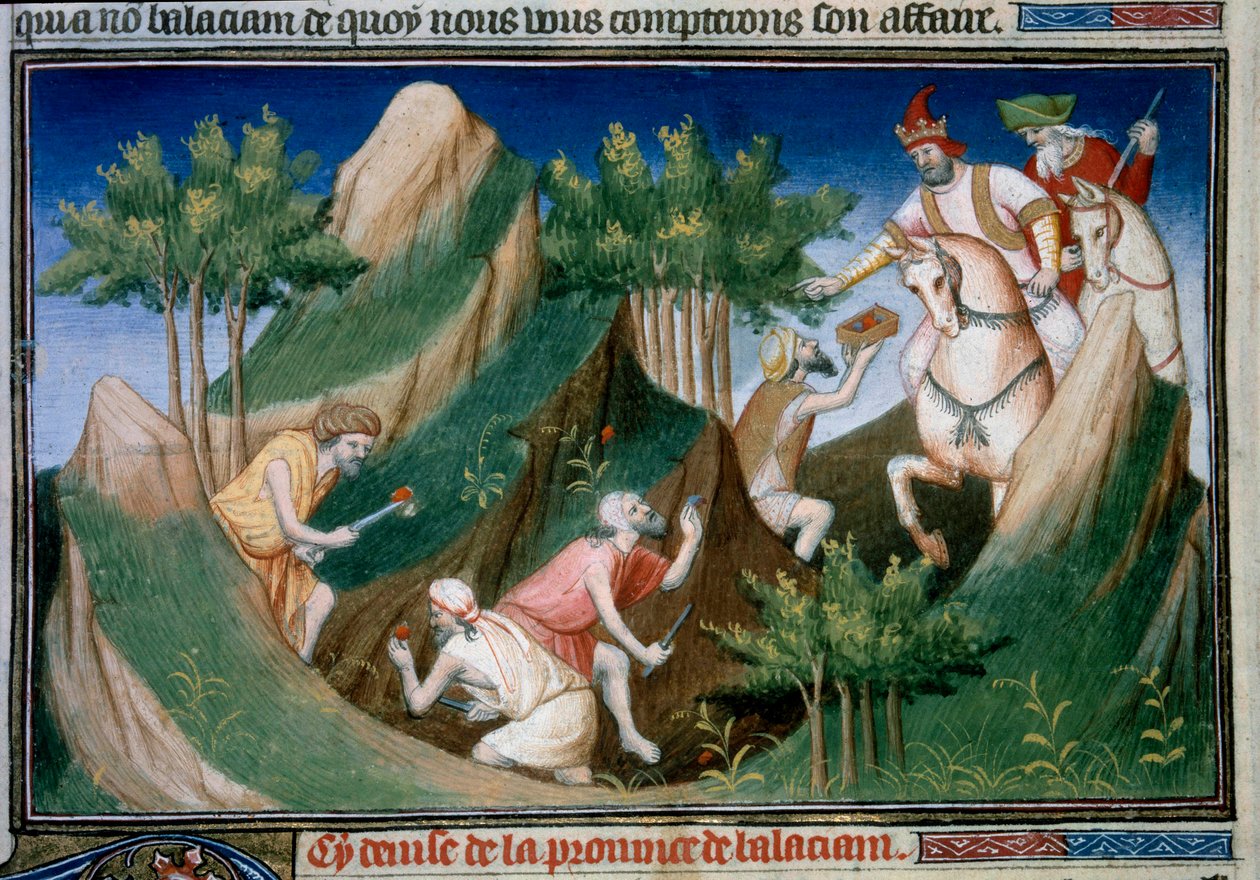 Extrakce rubínů z hory Sighinan na příkaz krále Badachchanu (oblast Persie) Miniatura převzatá z „“Knihy divů“““ („“Devisement of the World“““, „“Il Milione““). Marco Polo (1254-1324) ilustrovaný Mistrem z od (and workshop) Boucicaut Master