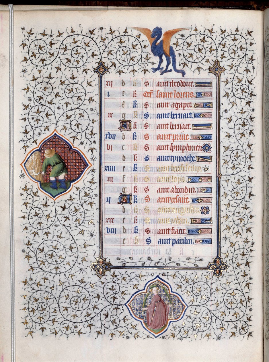 Rukopisná stránka „“ Les Tres Riches Hours duke Francois de Guise“““ zdobí znamení zvěrokruhu a znázornění zemědělské práce, sklizně. Miniatura mistra Boucicautu od (and workshop) Boucicaut Master