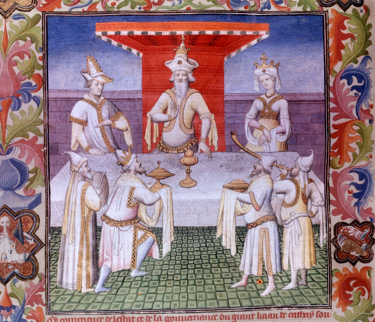 Scéna s jídlem u stolu Velkého chána v miniaturě Land Cathay v „“The Book of Wonders““ („“Devisement of the World““, „“Il Milione“)“, rukopis fr.2810 (folio 136) osvícený mistrem Boucicautu a napsaný Marco Polo, Marco (125 od (and workshop) Boucicaut Master