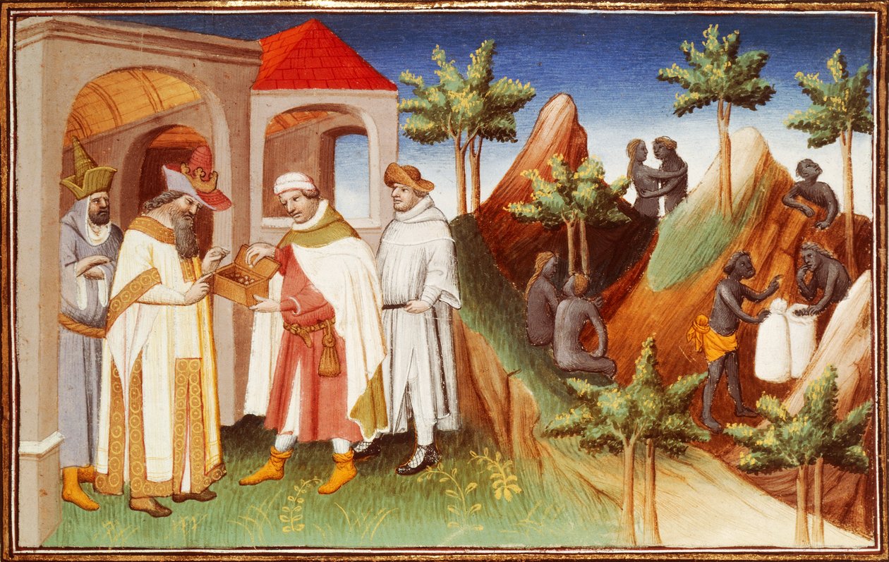 Mr Fr 2810 f.83r, král Lar kupuje perly, miniatura z 