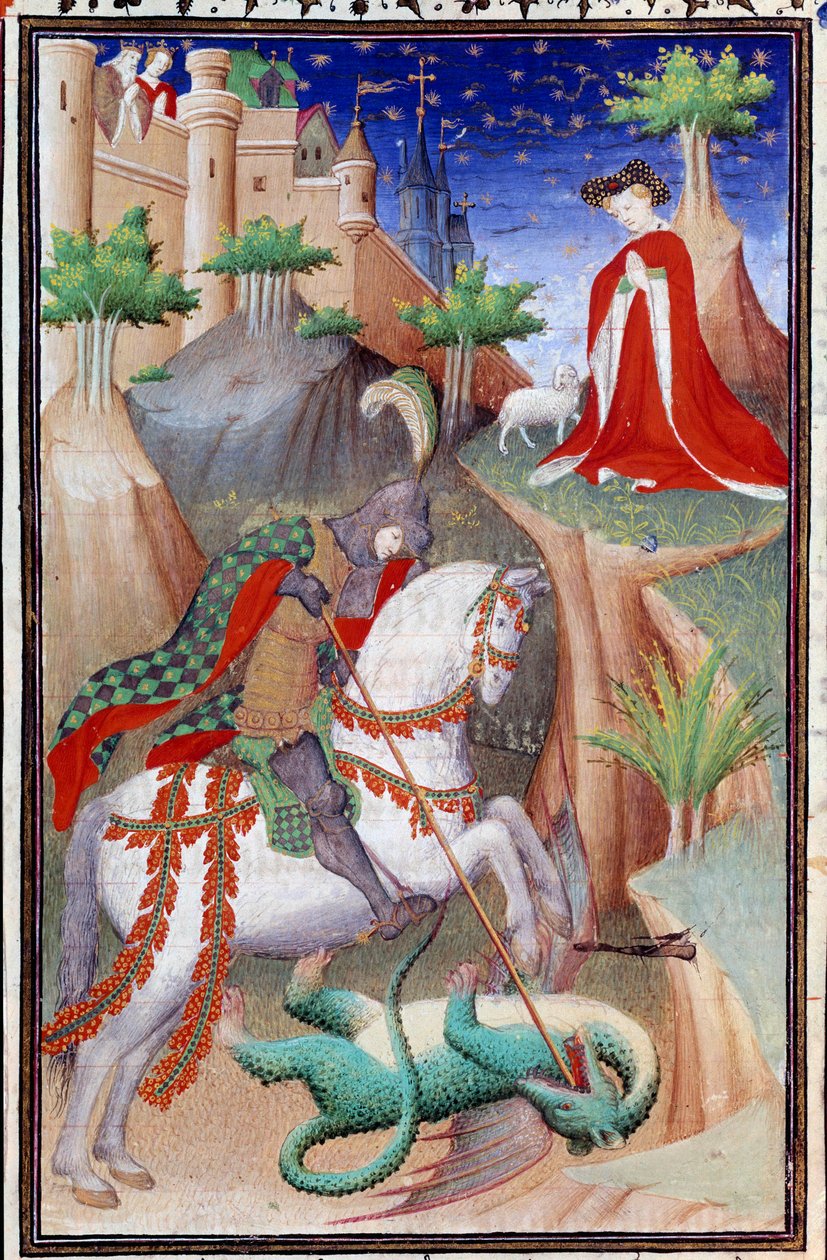 Stránka rukopisu „Hodiny vévody Francois de Guise Les Tres Riches““ osvícená Mistrem Boucicautu: zobrazení svatého Jiří a draka. 15. století. Musee Conde, Chantilly od (and workshop) Boucicaut Master