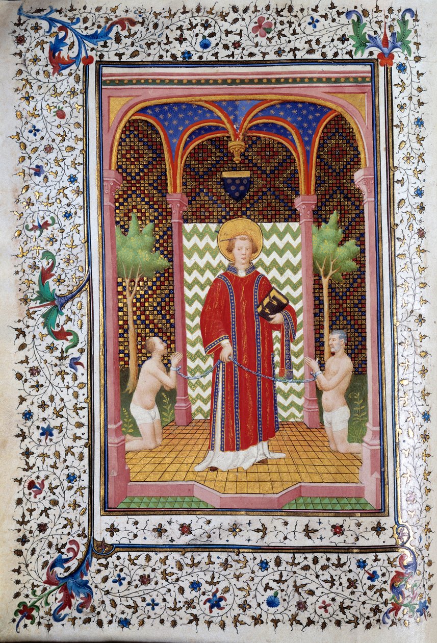 Reprezentace svatého Leonarda (6. století), poustevníka z Limousinu, propuštění dvou vězňů Strana rukopisu „“ Les Tres Riches Hours duke Francois de Guise““ osvícená mistrem Boucicautu. 15. století. Musee Conde, Chantilly od (and workshop) Boucicaut Master