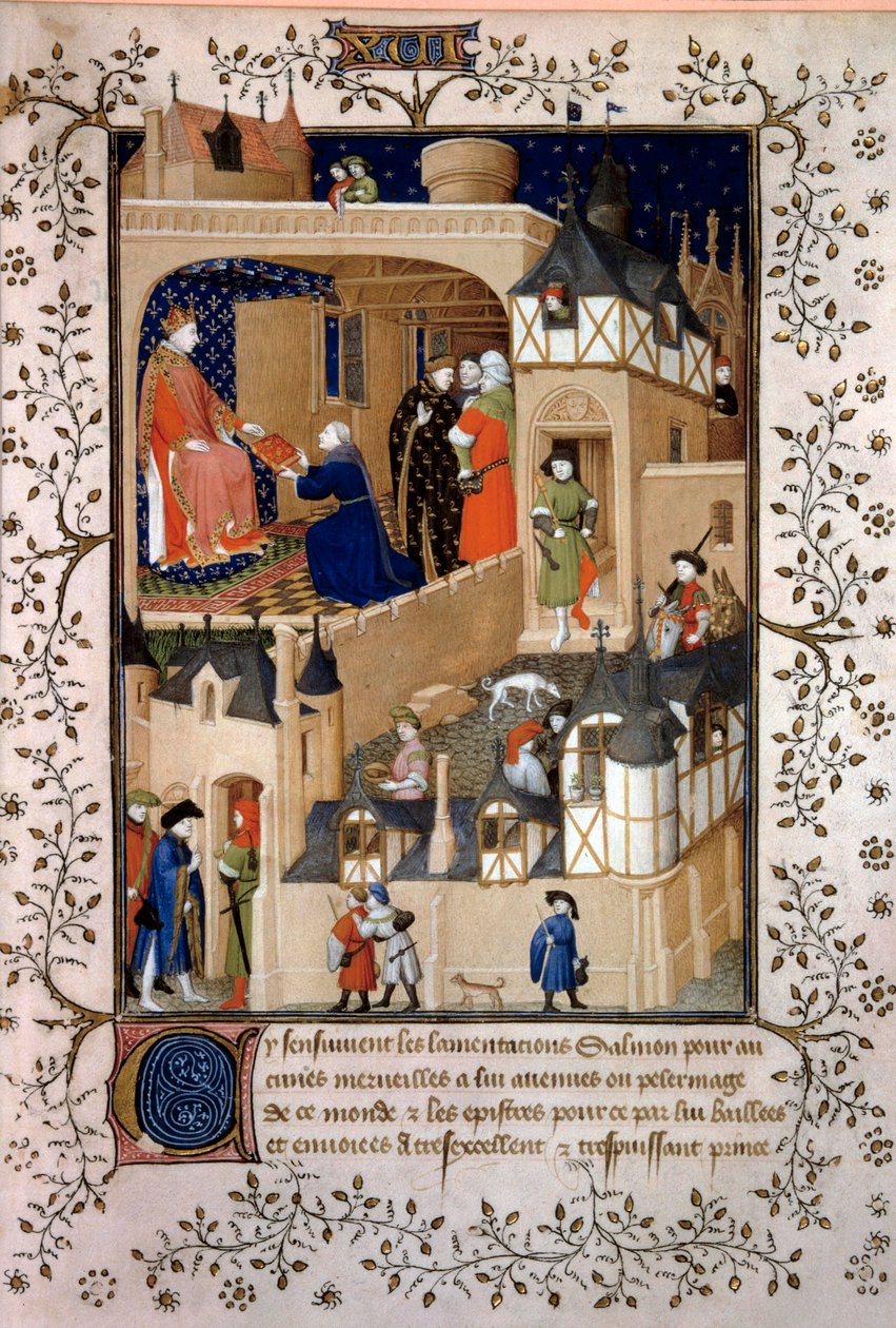 Politický dobrodruh Petr Ovocný dit Salmon nabízí svůj rukopis králi Karlu VI. (1368-1422). Miniatura z „Odpovědi Karla VI. a nářky“ od Pierra Salmona osvícená dílnou Maitre de Boucicaut (15. století) 1409 P od (and workshop) Boucicaut Master