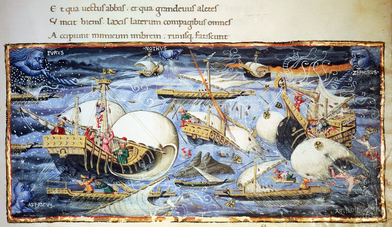 Plachetnice, ilustrace pro Aeneid, epická báseň Virgilia (70-19 př.nl), miniatura připisovaná Apollonio di Giovanni (1415-1465) od (attr. to) Apollonio di Giovanni
