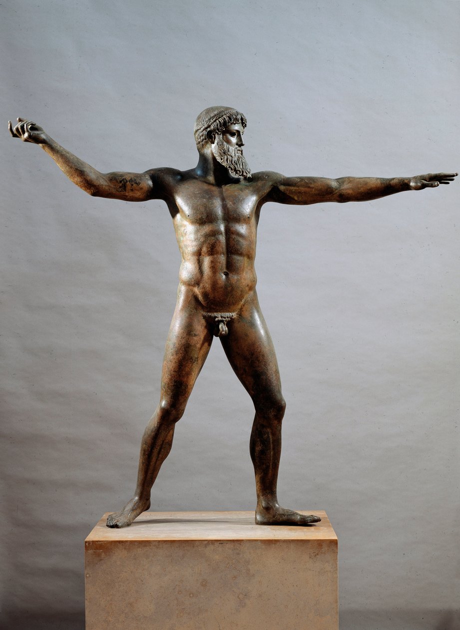 Řecké umění: bronzová socha zvaná bůh Cape Artemision připisovaná sochaři Kalamisovi (5. století př. n. l.), 460 př. n. l., Dim. 209 cm - Athény, Národní archeologické muzeum (inv. 15161) - Řecká civilizace: socha (často nazývaná Bůh z moře) Dia nebo P od (attr. to) Kalamis