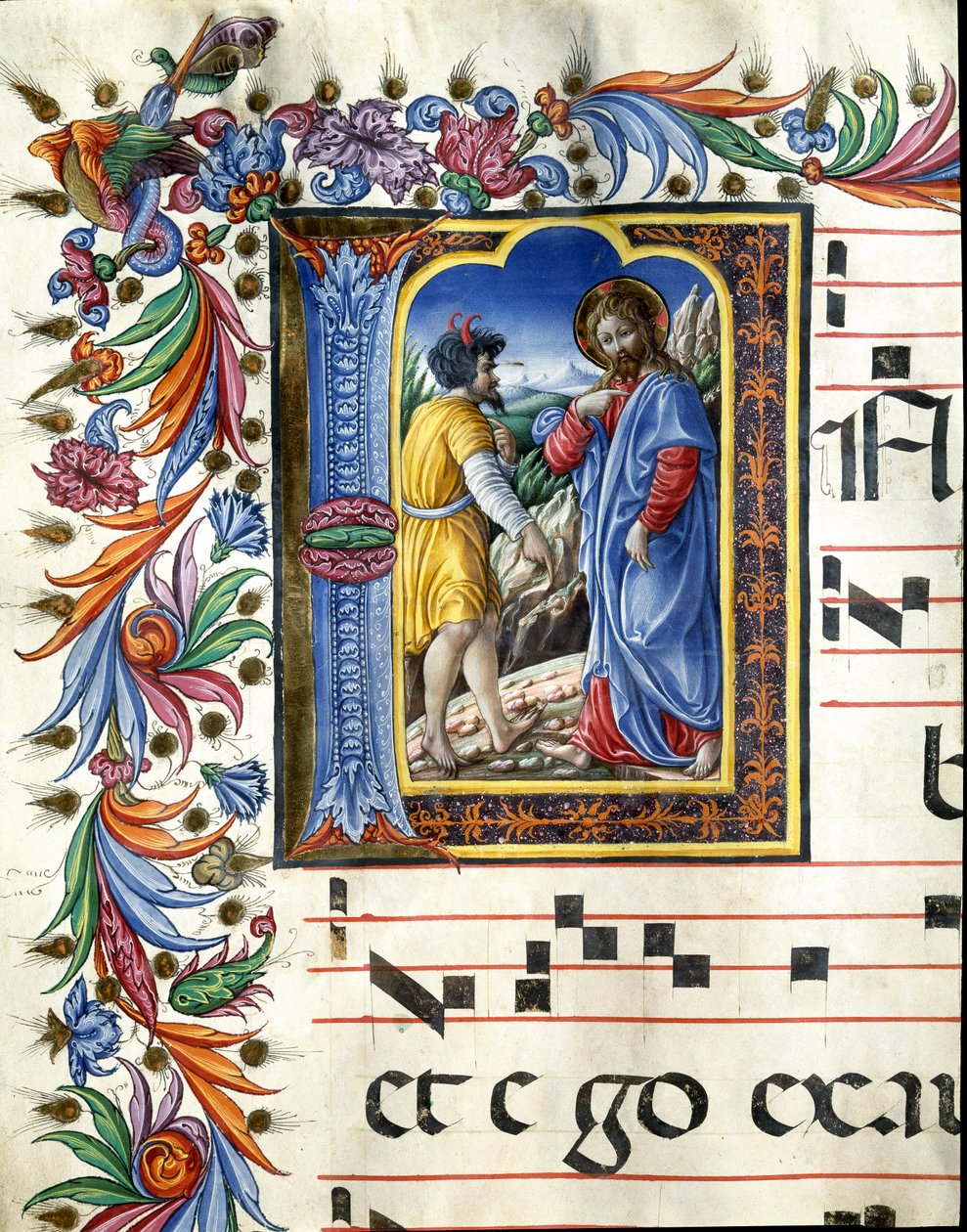 Decoree lettrine zobrazující pokušení Krista Miniatura od Liberale da Verona (1445-1529) z chóru (Cod. 20/5. c.45v) z katedrály v Sieně. Katedrála (Duomo) z 15. století v Sieně, Itálie od (c.1445 1527) Liberale da Verona
