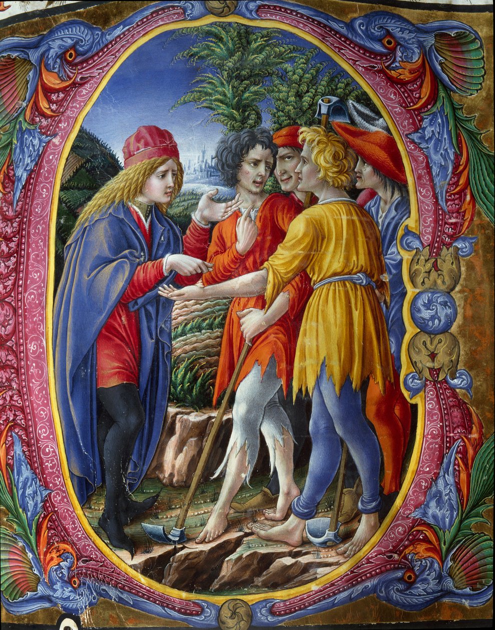 Decoree lettrine představující podobenství o vražedných vinařích (Evangelium podle sv. Matouše Mt 21, 33-43) (Podobenství o nájemnících) Miniatura od Liberale da Verona (1445-1529) ze sboru (Cod. 20/5. c. 2.) z katedrály v Sieně. 15. století od (c.1445 1527) Liberale da Verona