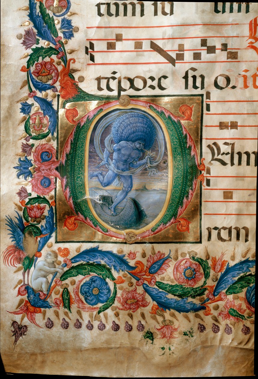 Lettrína se znázorněním Aeola, strážce větrů. (Miniaturní od (c.1445 1527) Liberale da Verona