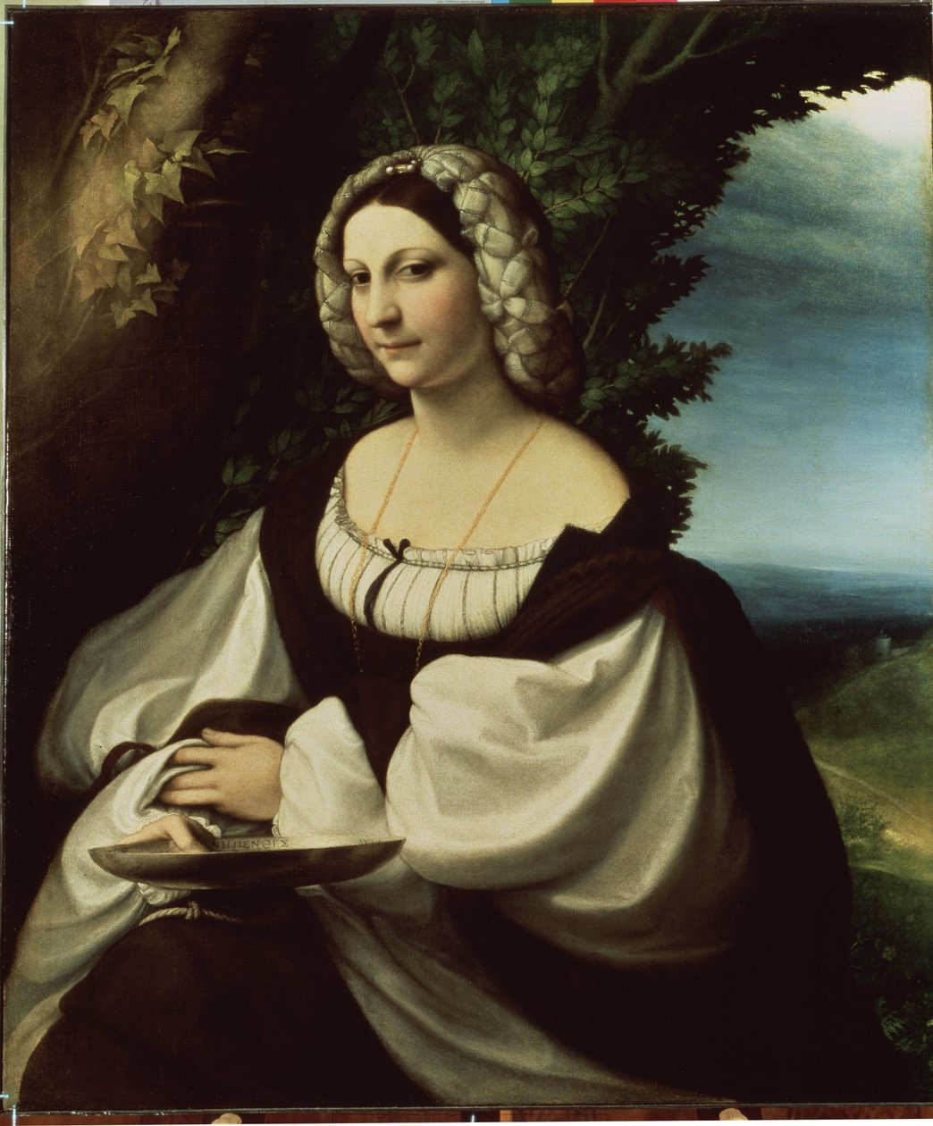 ""Portrait of a lady" (Portrait of a lady) Byla by to buď básnířka Ginevra Rangone nebo Veronica Gambara (1485-1550), osobnosti města Correggio. Obraz Antonia Allegriho známý jako Il Correggio (Correge od (c.1489 1534) Correggio