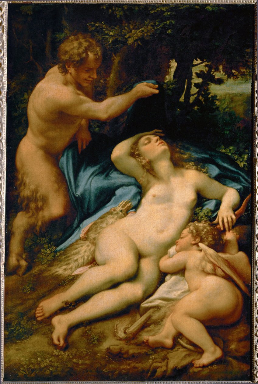 Spící Venuše, pozorovaná satyrem - nazývaná také "spánek Antiopy"... od (c.1489-1534) Correggio