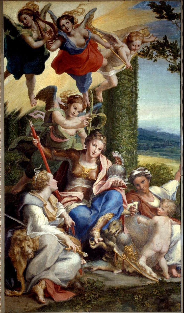 Alegorie ctnosti. Obraz Antonia Allegriho známý jako Il Correggio (nebo Le Correge 1489-1534) 16. století. Rozměr 0,88x1,48m. od (c.1489 1534) Correggio
