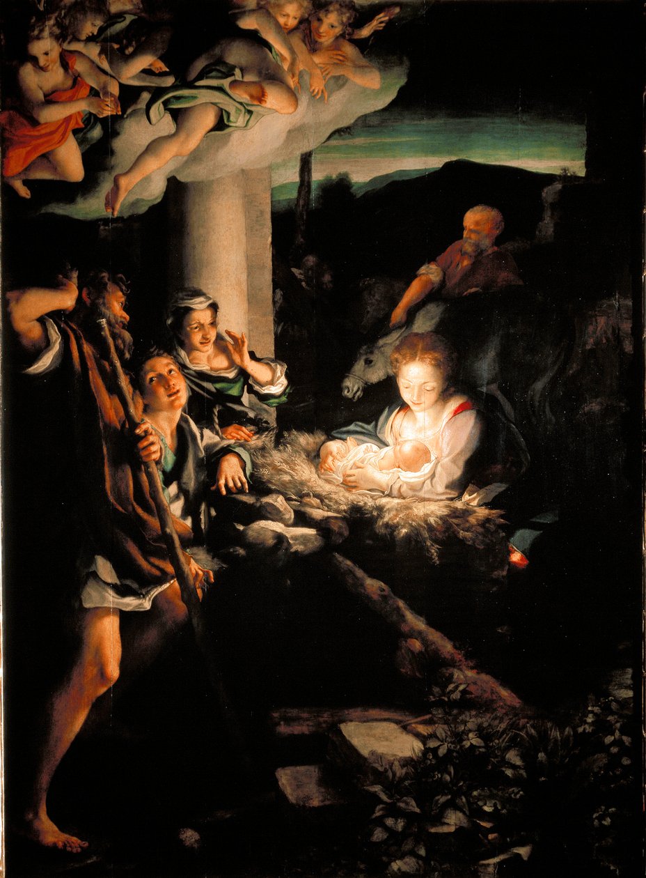 Svatá noc (Nativite). Obraz Antonia Allegriho dit Il Correggio (Correge od (c.1489 1534) Correggio