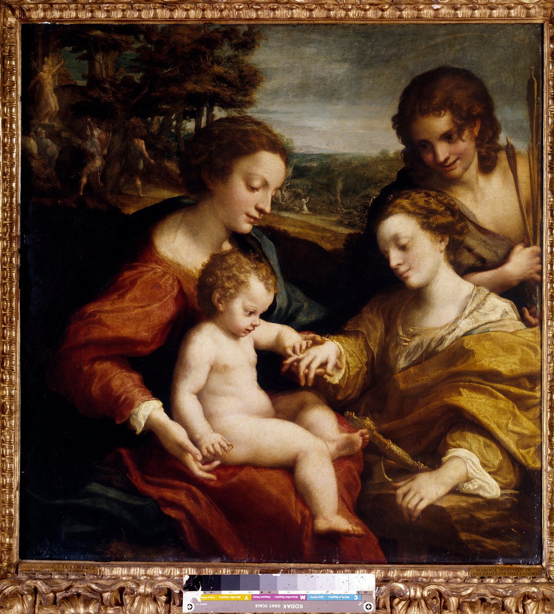 Mystická svatba svaté Kateřiny Alexandrijské s obrazem svatého Šebestiána od Antonia Allegriho (dit Correggio nebo Le Correge 1489-1534) Slunce 16. století. 1,05x1,02 m Paříž, Musee du Louvre. od (c.1489 1534) Correggio