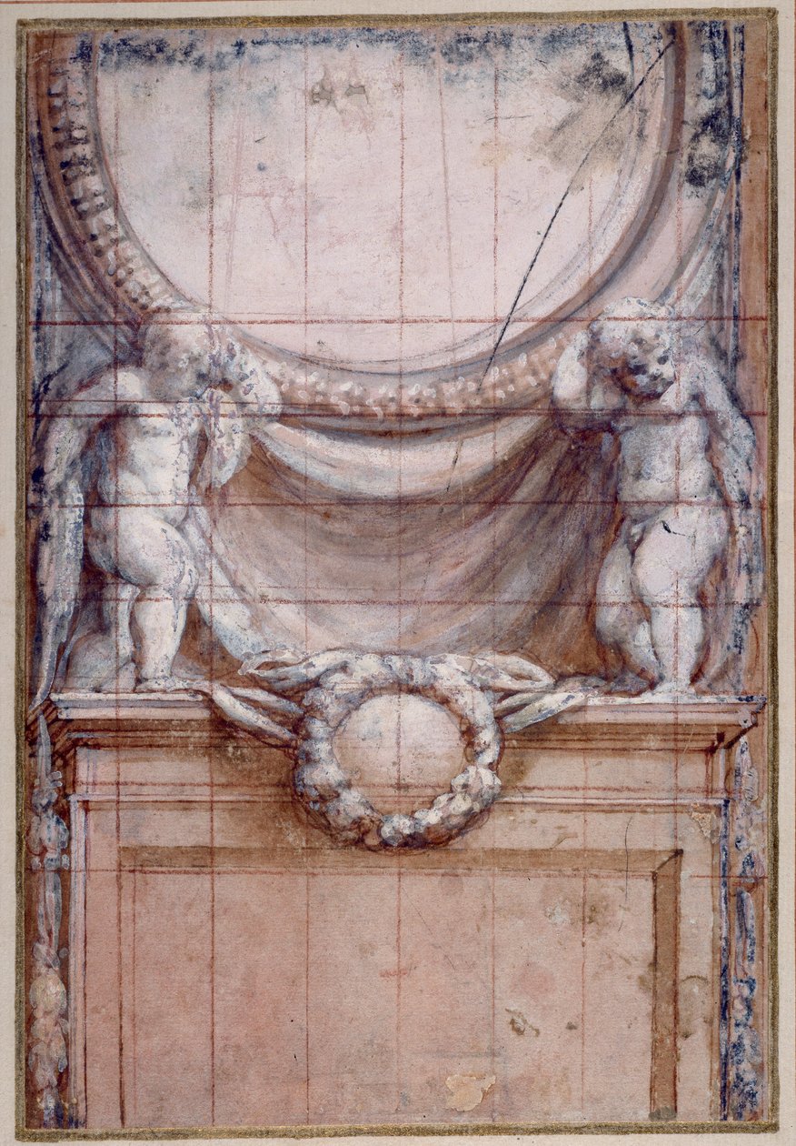 Dva putti nesoucí prázdný medailon (červená křída zvýrazněná bílou na papíře) od (c.1489 1534) Correggio