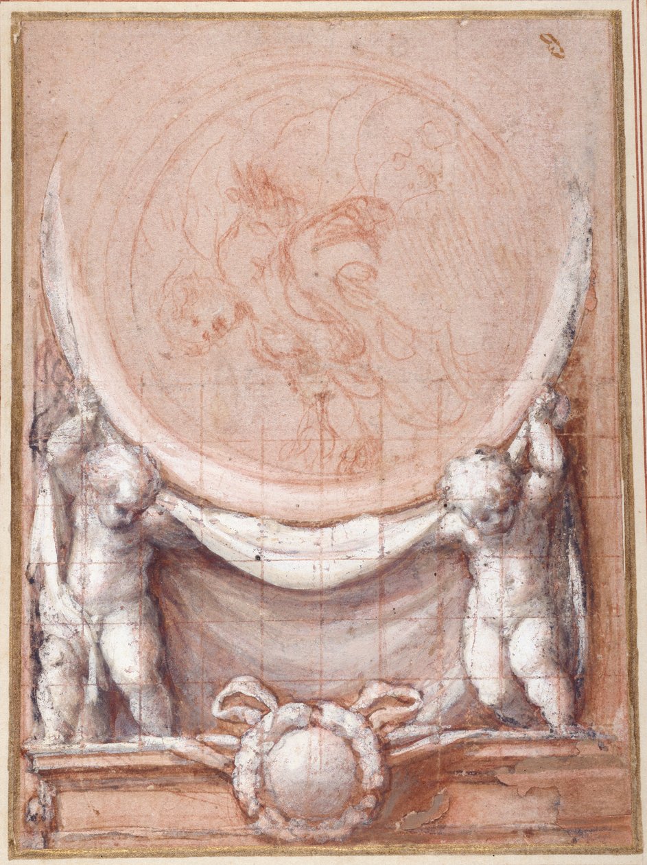 Dva putti nesoucí medailon, na kterém je znázorněn Kristus nesený v oblacích (červená křída na bílém papíře) od (c.1489 1534) Correggio