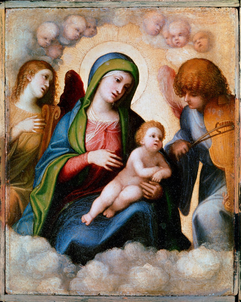 Panna a dítě obklopené dvěma anděly a cherubíny Malba Allegri Antonio dit Il Correggio (Correge od (c.1489 1534) Correggio