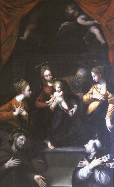 Madona s dítětem se svatým Josefem a dalšími svatými od Innocenzo da Imola