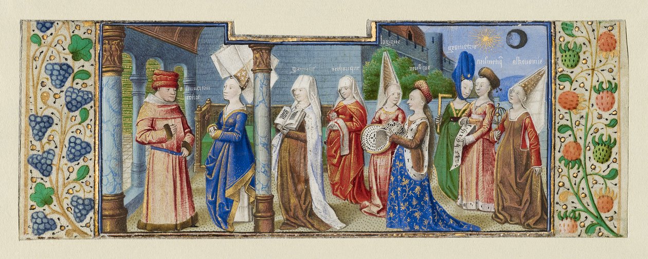 Filozofie představující sedm svobodných umění Boethiovi, kolem roku 1465 tempera a zlato na pergamenu) od (fl.1450 75) Master of Coetivy
