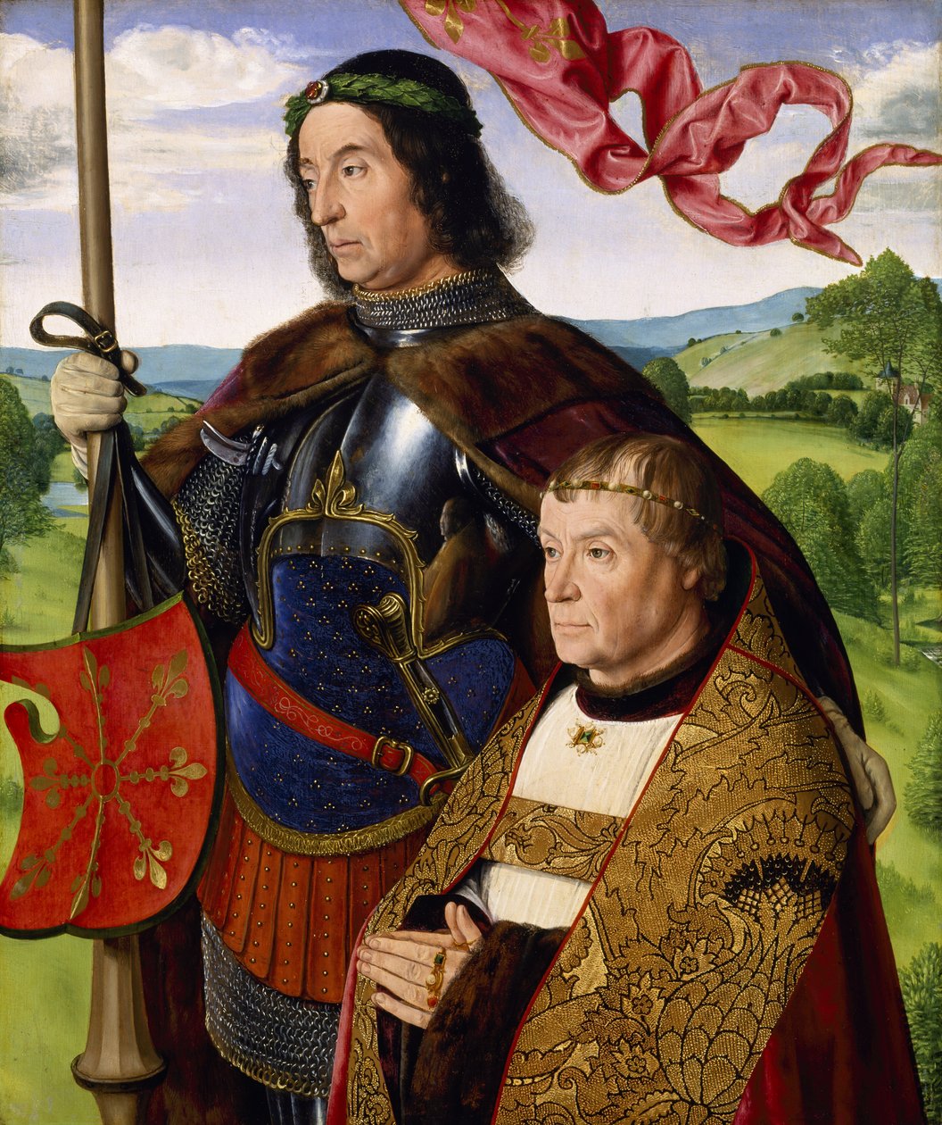 St Maurice (nebo St Victor) s dárcem, cca 1500-05 (olej na panelu) od (fl.c.1483 c.1529) Master of Moulins