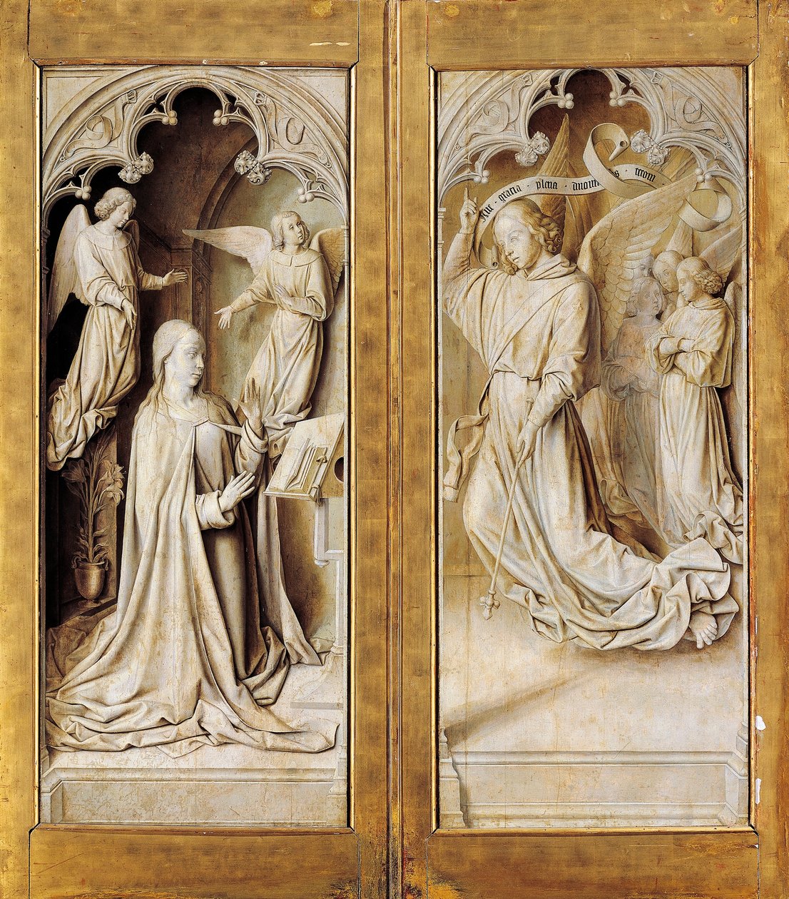 Zvěstování v grisaille (monochromatická šedá), vnější křídla triptychového oltářního obrazu (asi 1489-1502) od mistra z Moulins, v katedrále Notre-Dame, Moulins, Francie. od (fl.c.1483 c.1529) Master of Moulins