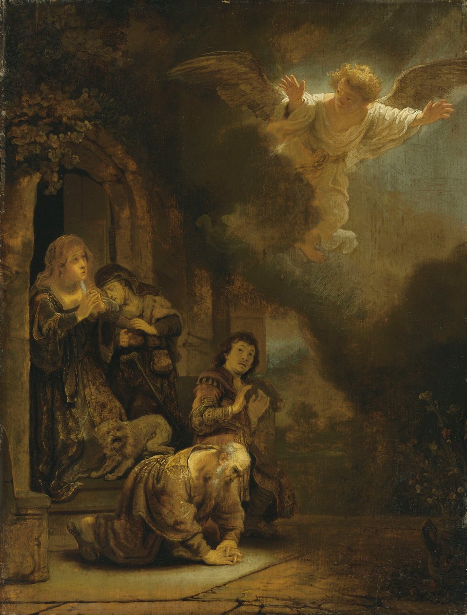 Archanděl Rafael se rozchází s Tobitem a jeho rodinou (olej na panelu) od studio of Rembrandt Harmensz. van Rijn