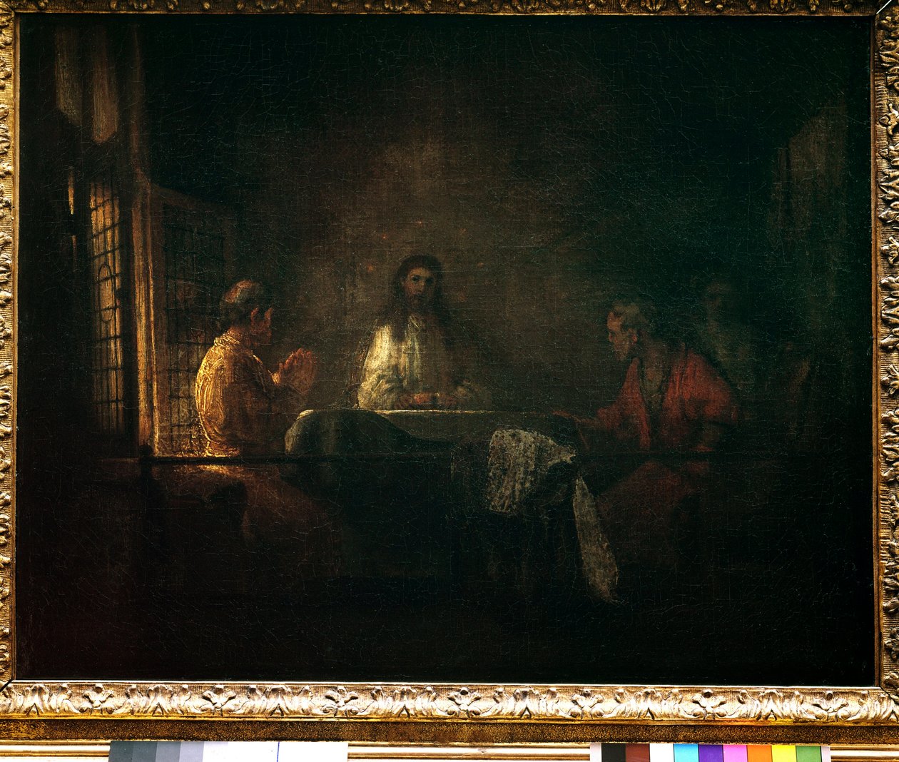 Emauzští poutníci Kristus se zjevuje poutníkům sedícím u stolu v emauzském hostinci. Obraz z dílny Harmensze van Rijn dit Rembrandta (1606-1669) od studio of Rembrandt Harmensz. van Rijn