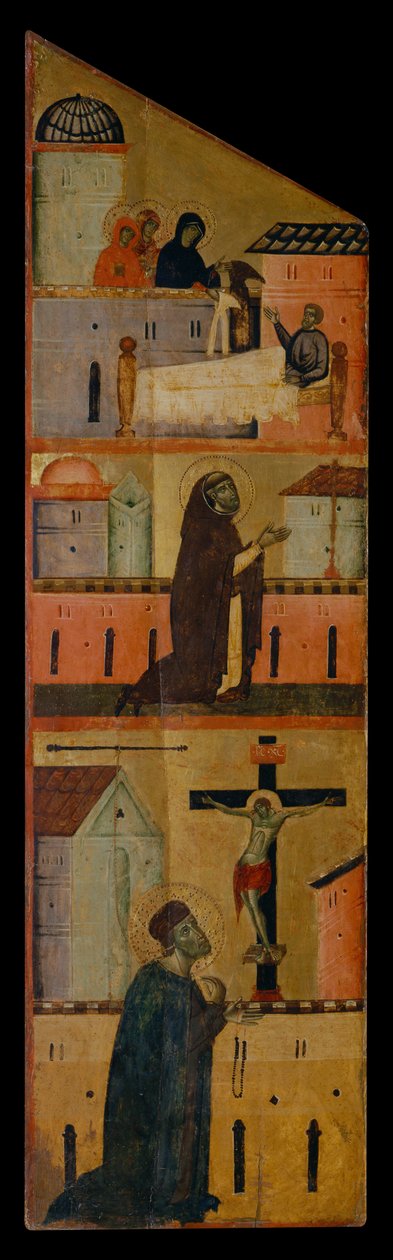 Diptych blahoslaveného Andrea Galleraniho: Svaté ženy se zjevují sv. Reginaldovi, Dominik se modlí za uzdravení sv. Reginalda a Gallerani se modlí před křížem, uvnitř levého panelu, kolem 1270 (malba na dřevě) od (workshop of) Guido da Siena