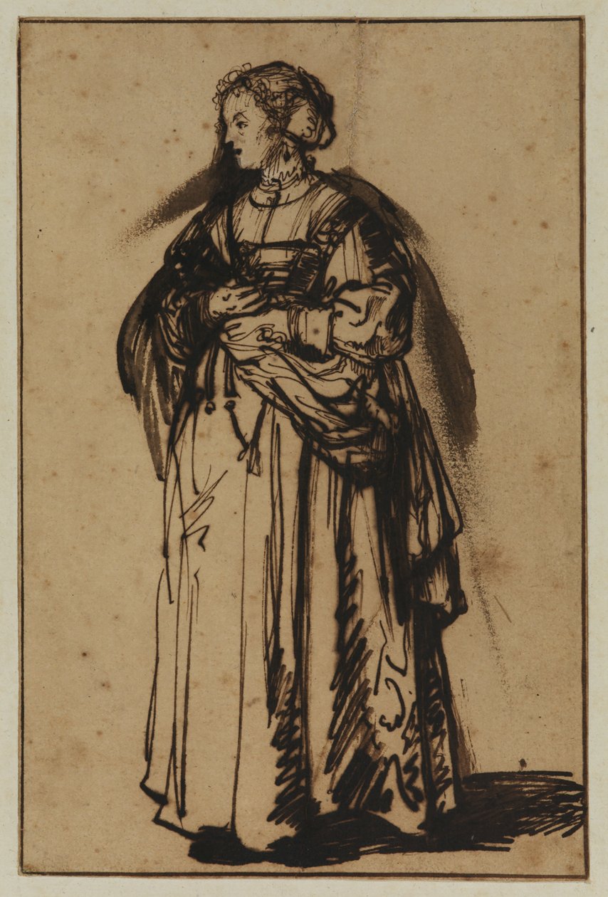 Umělcova manželka Saskia stojí a v rukou drží květiny od (workshop of) Rembrandt Harmensz. van Rijn
