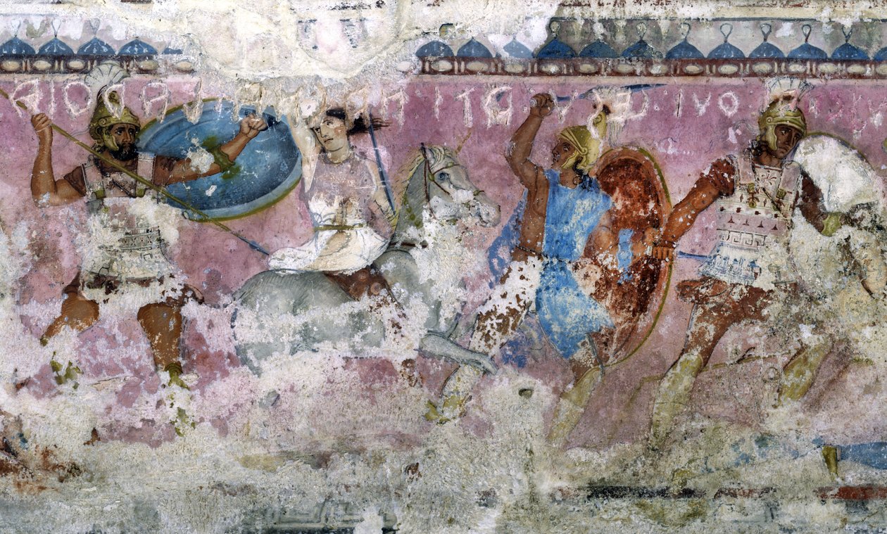 Bitva mezi Řeky a Amazonkami, detail ze strany sarkofágu Amazonek, Tarquinia, 4. století před naším letopočtem (tempera na alabastru) (viz také 36059, 85168 a 85169) od Unknown
